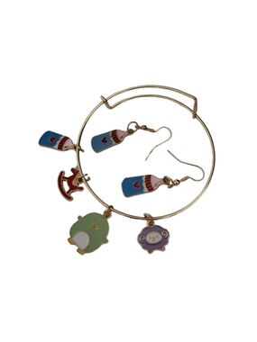 Adjustable Gold-Tone Charms Bracelet & Earrings Set - Blue, Green, Purple NWOT